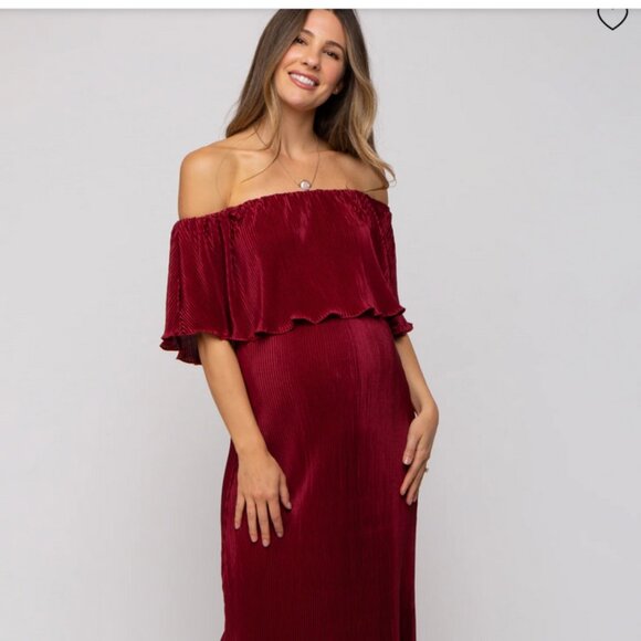 Pinkblush Burgundy Pleated Ruffle Off Shoulder Maternity Maxi Dress - Picture 1 of 8